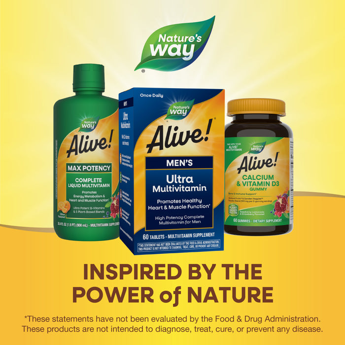 Three Natures Way products, including Alive!® Ultra Multivitamin for heart and muscle health, are displayed on a yellow background with the text INSPIRED BY THE POWER OF NATURE underneath.