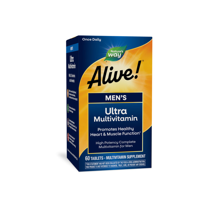 Box of Nature’s Way Alive!® Ultra Multivitamin, promoting heart and muscle function. Features high-potency B-vitamins plus blue and orange packaging with highlighted benefits. Contains 60 tablets.