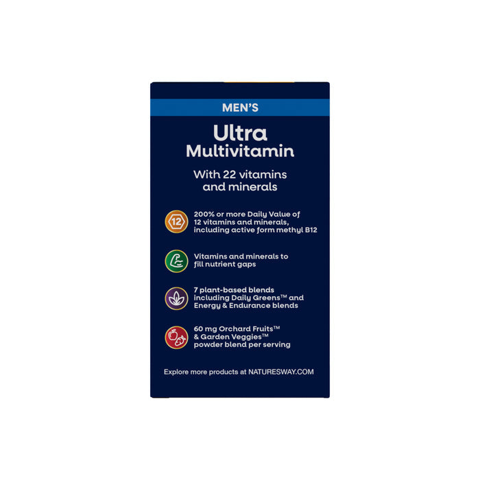 Nature’s Way Alive!® Ultra Multivitamin for men provides 22 vitamins and minerals, high-potency B-vitamins, 7 plant-based blends, and 60 mg Orchard Fruits & Garden Veggies per serving, promoting heart and muscle health.