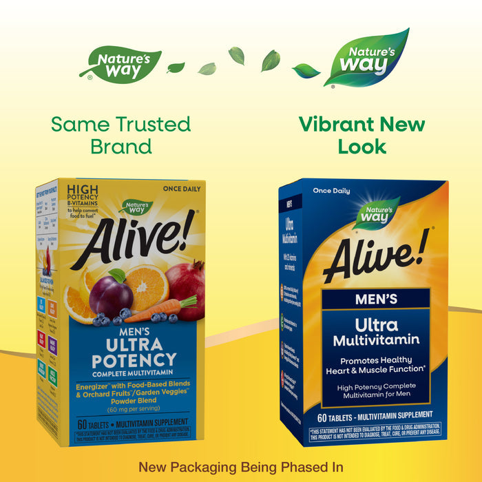 Two boxes of Nature’s Way Alive!® Ultra Multivitamin are shown—old packaging on the left, new look on the right. The updated design highlights trusted quality and support for heart and muscle function.