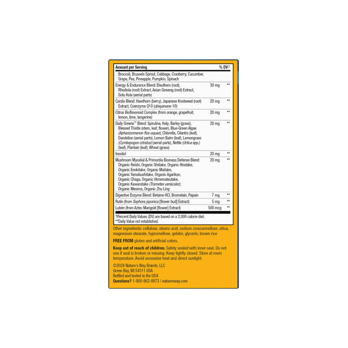 Nature’s Way Alive!® Ultra Multivitamin supplement facts show high-potency B-vitamins, fruit and veggie blends, antioxidants, enzymes, probiotics, and more. Directions and warnings are provided at the bottom of the label.