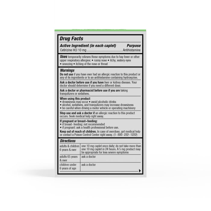 The image displays the back of a Cabinet Health medication box for All Day Allergy Relief - Cetirizine HCl 10 mg, highlighting Drug Facts. It details the active ingredient, purpose, uses, warnings, and directions in a neatly organized table with bold headers.