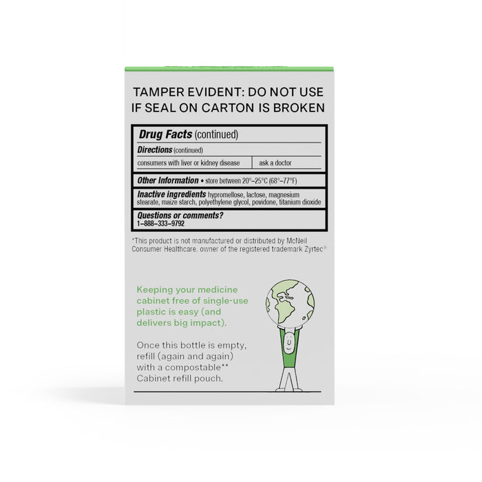 The image shows the back of a Cabinet Health All Day Allergy Relief - Cetirizine HCl 10 mg carton, detailing drug facts, directions, and contact info. It highlights tamper evidence, correct storage temperature, and advises using single-use plastic responsibly for sustainability.