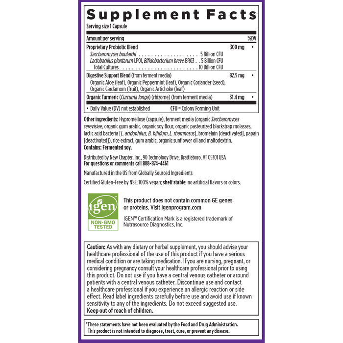 The supplement facts for New Chapters All-Flora™ Probiotic highlight its gut health support with a serving size listing, active ingredients including Bacillus coagulans and Lactobacillus species, totaling 5 billion CFU. Its Non-GMO certified, with warnings and manufacturer info provided.