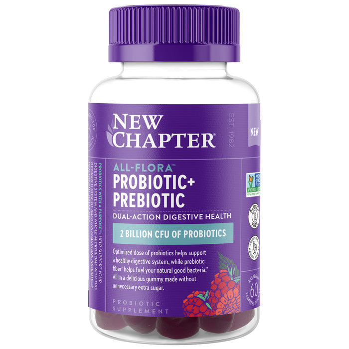 A bottle of New Chapters All Flora Probiotic + Prebiotic supplements offers 2 billion CFU, including prebiotic inulin fiber, for dual-action digestive health. It contains 60 gummies with purple caps for optimal digestion support.