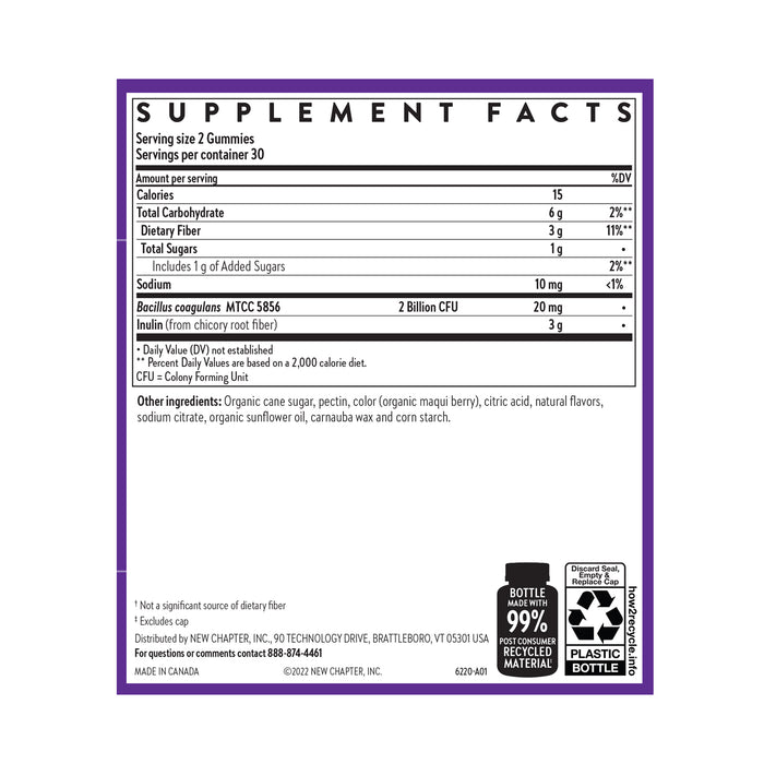 New Chapters All Flora Probiotic + Prebiotic gummies: 2-gummy serving supports digestive health with calories, carbs, dietary fiber, sugars, chicory root fiber, and prebiotic inulin. Made with organic cane sugar, tapioca, and natural flavors.