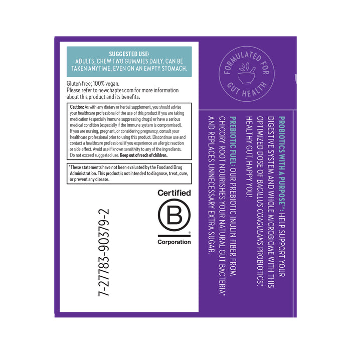 The purple label of New Chapters All Flora Probiotic + Prebiotic highlights gluten-free, non-GMO probiotic gummies with added prebiotic inulin for digestive health. It includes suggested use and caution, features a Certified B Corporation seal, and displays a barcode.