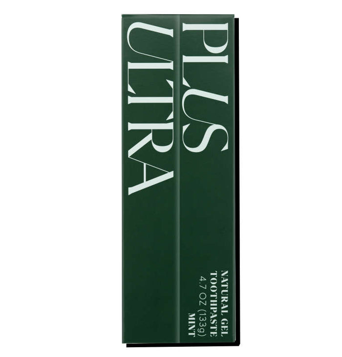 The green box features Plus Ultra in white, promoting the All Natural Gel Toothpaste. It promises a minty fresh experience and tooth whitening, with a weight of 4.7 oz (133 g).