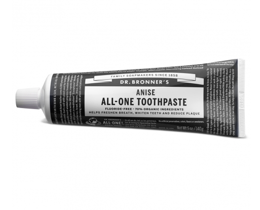 Dr. Bronners All-One Toothpaste, featuring a black and white design, is an eco-friendly, fluoride-free option with 70% organic ingredients that freshens breath, whitens teeth, and reduces plaque effectively.