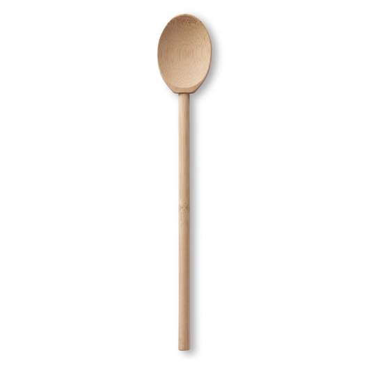 The Bambu Mixing Spoon, shown vertically against a plain white background, features a long handle and round, smooth bowl. This eco-friendly utensil exemplifies sustainable living while enhancing your culinary experience.