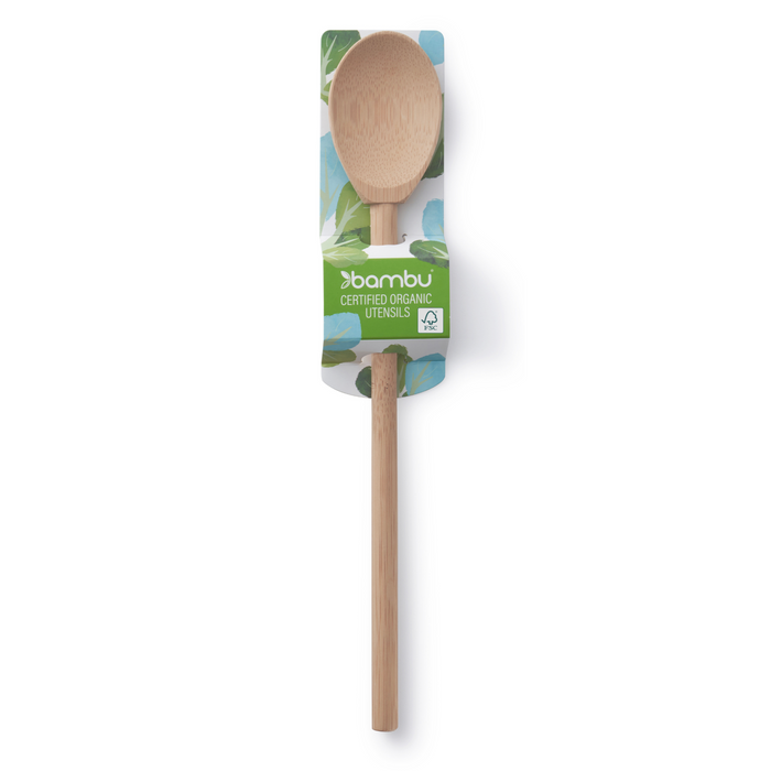 The Bambu All Purpose Bamboo Mixing Spoon comes in eco-friendly packaging with a green design of white and blue leaves—an FSC-certified, certified organic kitchen utensil and a sustainable alternative to standard bamboo spatulas.