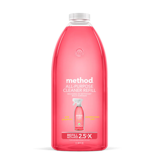 A clear bottle of method All Purpose Cleaner Refill in pink grapefruit scent, featuring vibrant pink liquid. The label highlights it as a 2.5x refill with 68 fl oz—an essential cleaning must-have for your home.