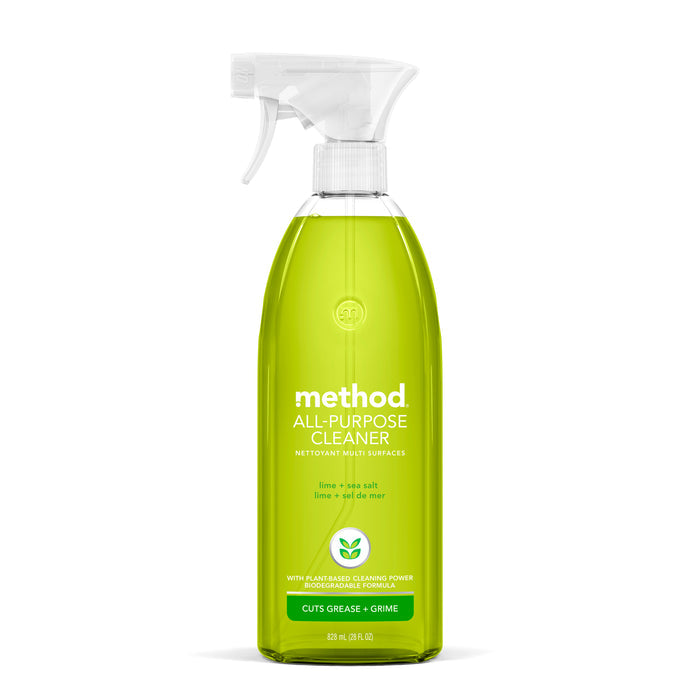 A Method All-Purpose Cleaner spray bottle displays its natural cleaning power with a lime and sea salt formula. The biodegradable blend, in a transparent bottle, effortlessly cuts grease. Its sleek design is completed with a white spray nozzle for easy use.