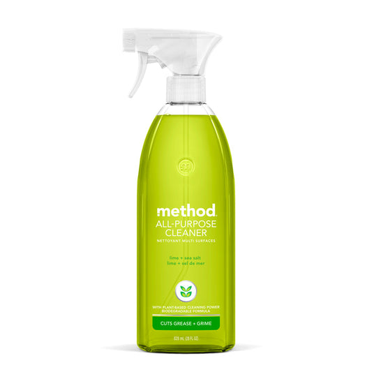 A Method All-Purpose Cleaner spray bottle displays its natural cleaning power with a lime and sea salt formula. The biodegradable blend, in a transparent bottle, effortlessly cuts grease. Its sleek design is completed with a white spray nozzle for easy use.