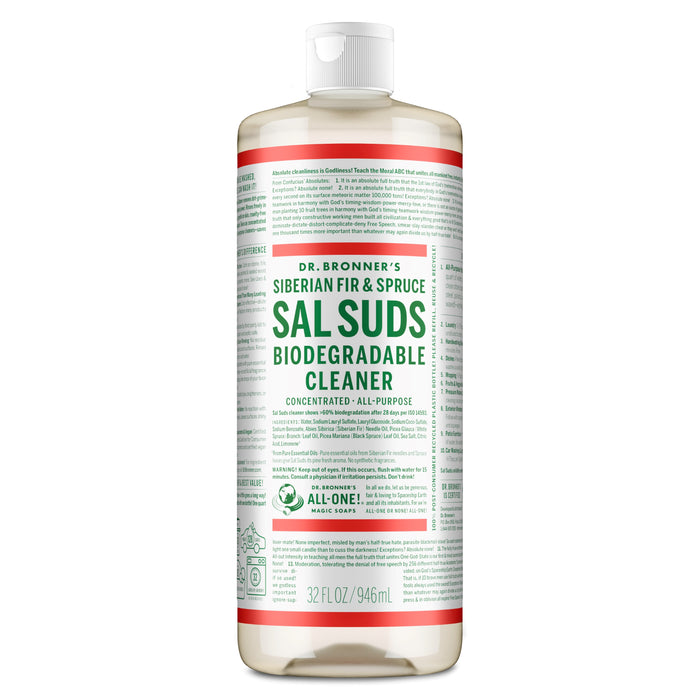 A 32 fl oz bottle of Dr. Bronner’s All-Purpose Cleaner, a cruelty-free, concentrated plant-based formula with a white cap and green and white label, scented with Siberian fir and spruce.
