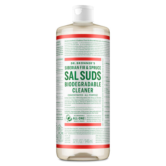 A 32 fl oz bottle of Dr. Bronner’s All-Purpose Cleaner, a cruelty-free, concentrated plant-based formula with a white cap and green and white label, scented with Siberian fir and spruce.