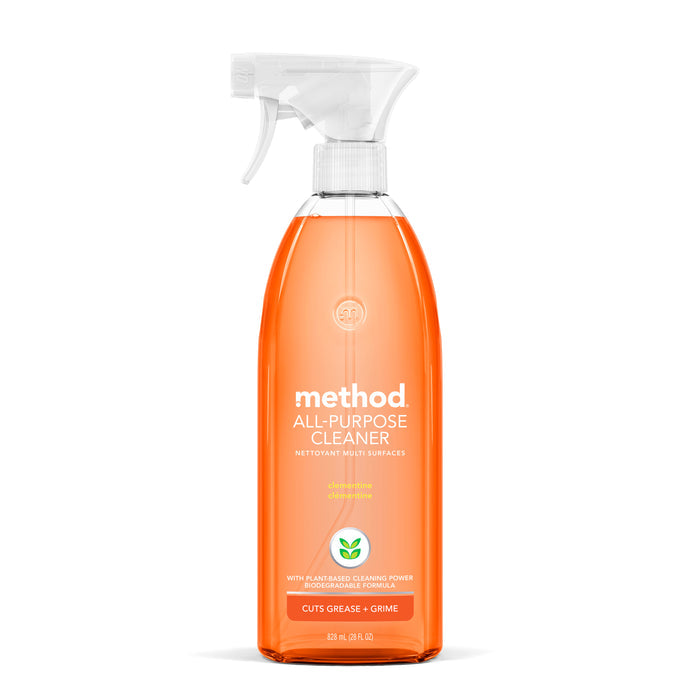 A clear orange bottle of methods All Purpose Cleaner features a spray nozzle and touts natural cleaning power. The label says Cuts Grease + Grime and highlights its biodegradable formula, with green leaf graphics on the front enhancing its eco-friendly appeal.