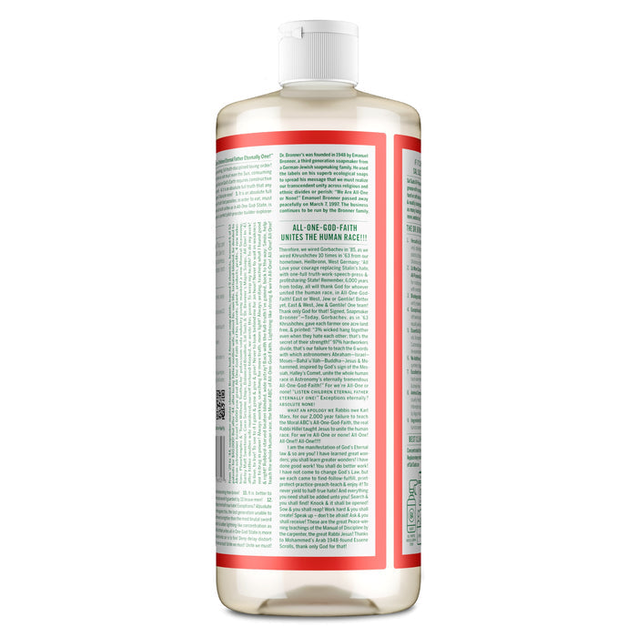 A bottle of Dr. Bronners All-Purpose Cleaner displays its back label filled with detailed product info and the brand’s signature philosophical messages, highlighting its cruelty-free, plant-based formula in green and black on a white background.