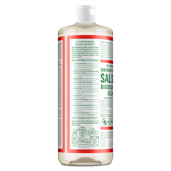 A bottle of Dr. Bronners All-Purpose Cleaner displays the back label with product details, instructions, and green and red text on a white background. The clear liquid inside highlights its biodegradable, plant-based formula.