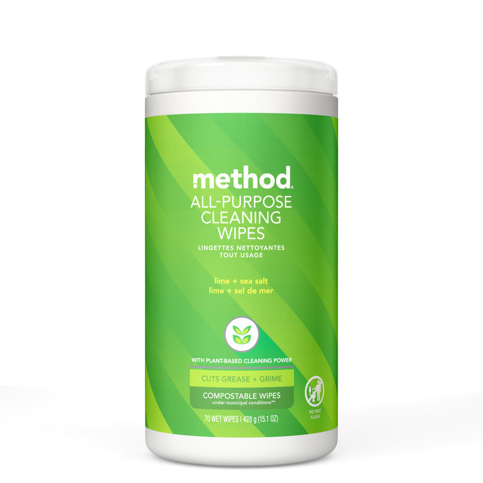 A 70-wipe method All-Purpose Compostable Cleaning Wipes container in lime and sea salt scent promotes natural cleaning power, works on multiple surfaces, and effectively cuts grease and grime.