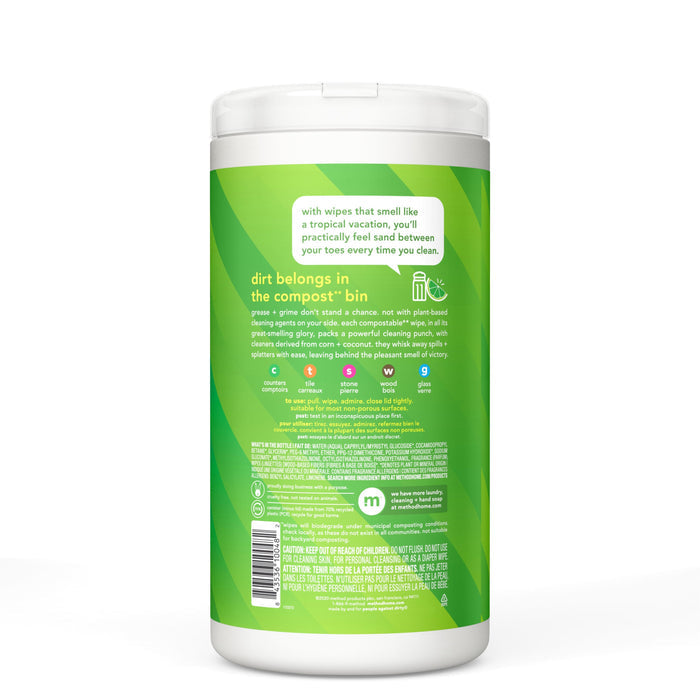 Image of a cylindrical container with a green and white label promoting methods All-Purpose Compostable Cleaning Wipes, featuring natural cleaning power and a tropical scent. Icons display disposal instructions for household spills. The container has a white lid and detailed product information.