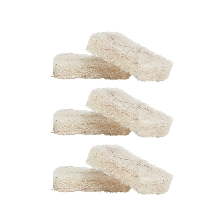 Three Grove Co. All-Purpose Coconut Scouring Pads stacked vertically against a white background—ideal for cleaning appliances gently to maintain their delicate surfaces.