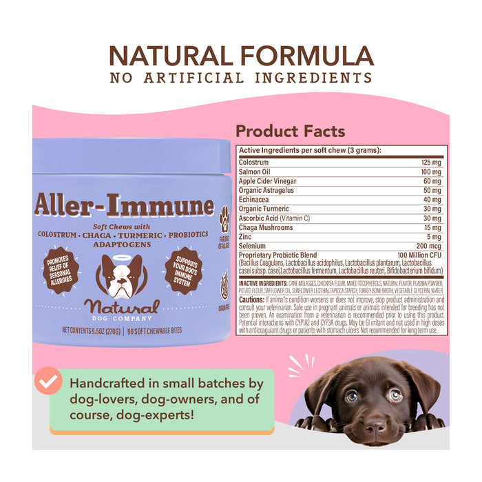 Image of a dog supplement labeled "Aller-Immune" by Natural Dog Company. The packaging lists ingredients and highlights its natural formula. A cute puppy peeks over the bottom right corner. Text notes it's handcrafted by dog-lovers and experts.