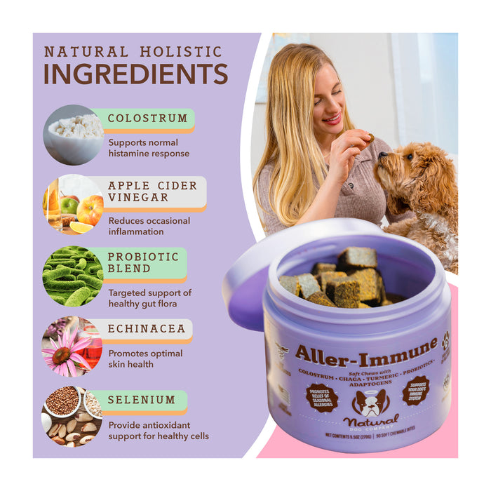 A woman smiles at her dog while holding a jar of Aller-Immune supplements. The image highlights natural holistic ingredients: colostrum, apple cider vinegar, probiotic blend, echinacea, and selenium, each with its health benefits.