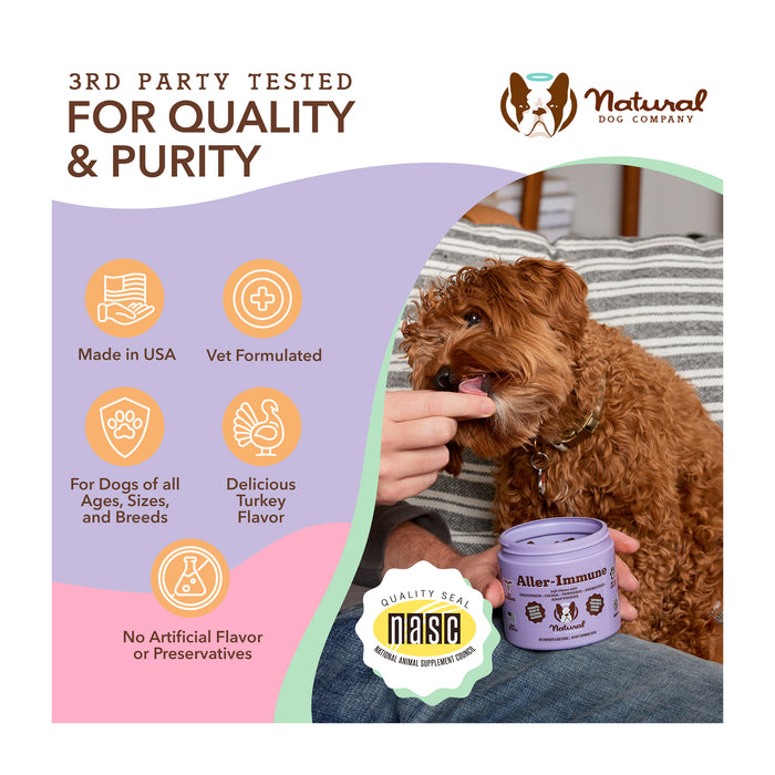 A person feeding a small brown dog a supplement. Text highlights include "3rd Party Tested for Quality &amp; Purity," "Made in USA," "Vet Formulated," and "Delicious Turkey Flavor." The packaging is labeled "Aller-Immune.