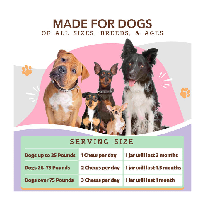 A variety of dogs of different breeds and sizes sitting together. A serving size chart for dog chews shows recommendations based on dog weight: up to 25 pounds, 26-75 pounds, and over 75 pounds, with chew and jar duration details.