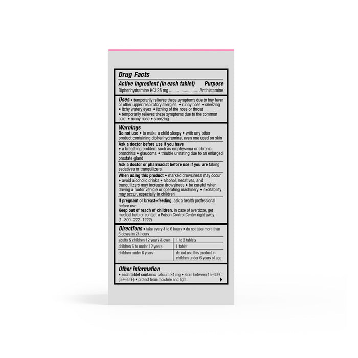 The image shows the back of a Cabinet Health Allergy Relief box, with drug facts for Diphenhydramine 25 mg to relieve allergy symptoms. It includes warnings, usage directions, and storage guidelines from 15-30°C (59-86°F).