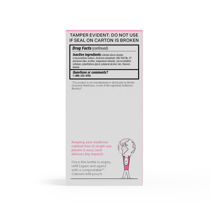 Image of the Allergy Relief - Diphenhydramine 25 mg carton by Cabinet Health, featuring tamper evidence and drug facts. A small illustration shows a person with a large capsule, with text about refilling this sustainable medicine product.
