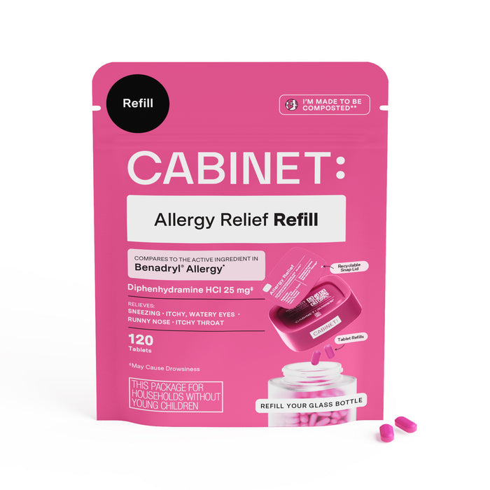 The pink package, labeled Cabinet Health: Allergy Relief Refill, features Diphenhydramine 25 mg to relieve sneezing, itching, and watery eyes. It includes 120 tablets with two on display and is noted for its compostable packaging to support eco-friendly disposal.