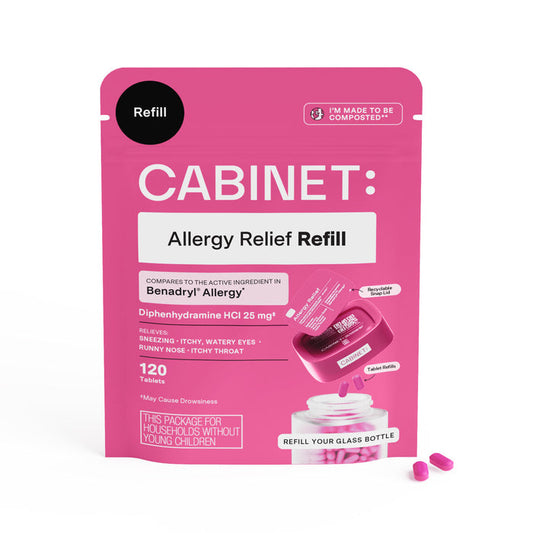 The pink package, labeled Cabinet Health: Allergy Relief Refill, features Diphenhydramine 25 mg to relieve sneezing, itching, and watery eyes. It includes 120 tablets with two on display and is noted for its compostable packaging to support eco-friendly disposal.