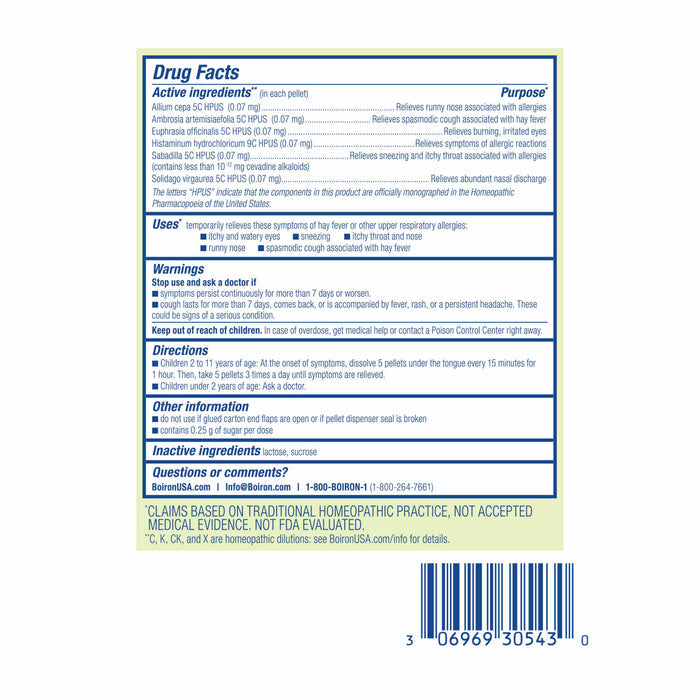 The AllergyCalm Kids Pellets by Boiron package displays drug facts, lists ingredients like Allium cepa and Luffa operculata for allergy relief, assures non-drowsy pellets for alertness, and provides warnings, usage directions, manufacturer contact info, plus a barcode at the bottom.