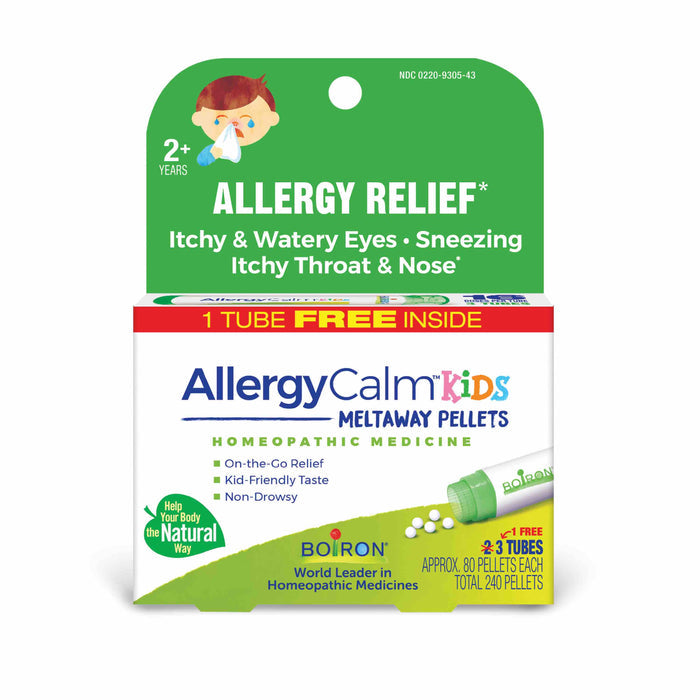 Box of AllergyCalm Kids Pellets by Boiron, a non-drowsy homeopathic remedy for ages 2+, relieves allergy symptoms like itchy eyes, sneezing, and itchy throat/nose. Includes a free tube for a total of 240 pellets.