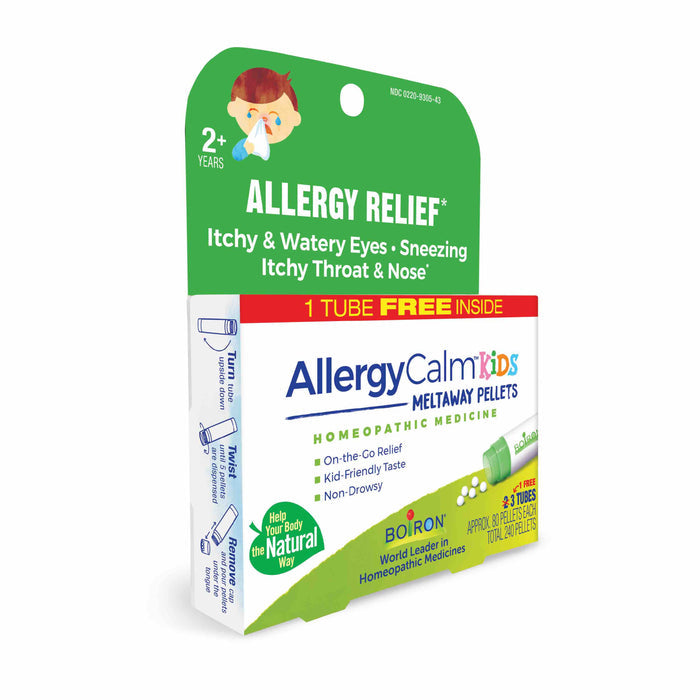 Boirons AllergyCalm Kids Pellets provide non-drowsy allergy relief for children over 2, addressing itchy eyes, sneezing, and throat issues. With a kid-friendly taste, they ensure effective on-the-go symptom management.