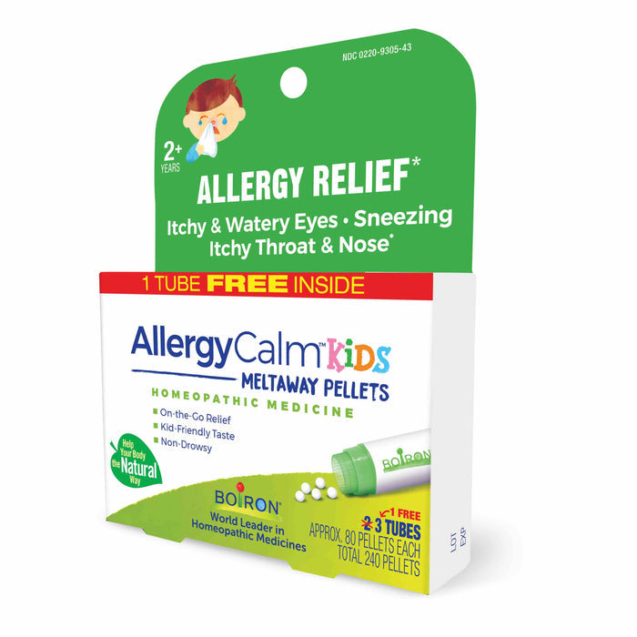 AllergyCalm Kids Pellets by Boiron provide non-drowsy allergy relief for children aged 2 and up, targeting symptoms like itchy eyes, sneezing, and an itchy throat. Each box contains 3 tubes with a total of 240 pellets to help keep your child comfortable and symptom-free.