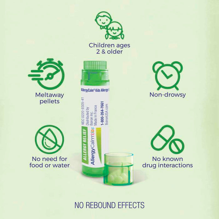 A bottle of AllergyCalm™ Kids Allergy Relief sits in the center, surrounded by icons highlighting features: "Meltaway Pellets," "No need for food or water," "Children ages 2 & older," "Non-drowsy," "No known drug interactions," and "No rebound effects.