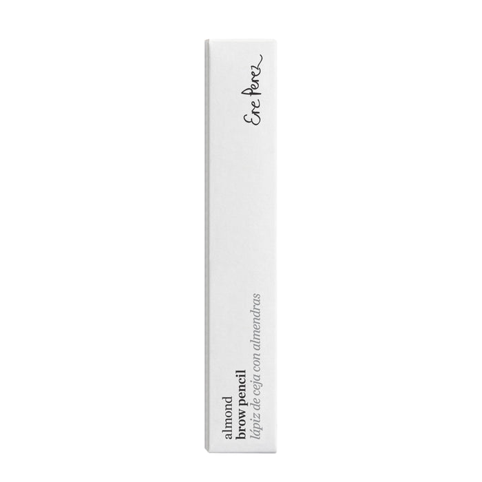 A vertical white rectangular box with Almond Brow Pencil and Ere Perez in black script adorns the front, offering a hint of the nourishing almond oil within. The packaging is elegantly simple against a plain white backdrop.