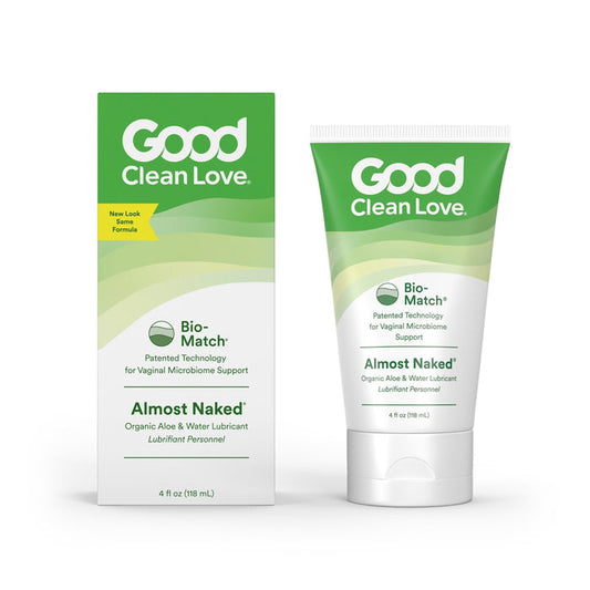 The packaging of Good Clean Loves Almost Naked Organic Personal Lubricant includes a green and white rectangular box and tube, emphasizing its moisturizing, natural lubrication from an organic aloe and water-based formula.