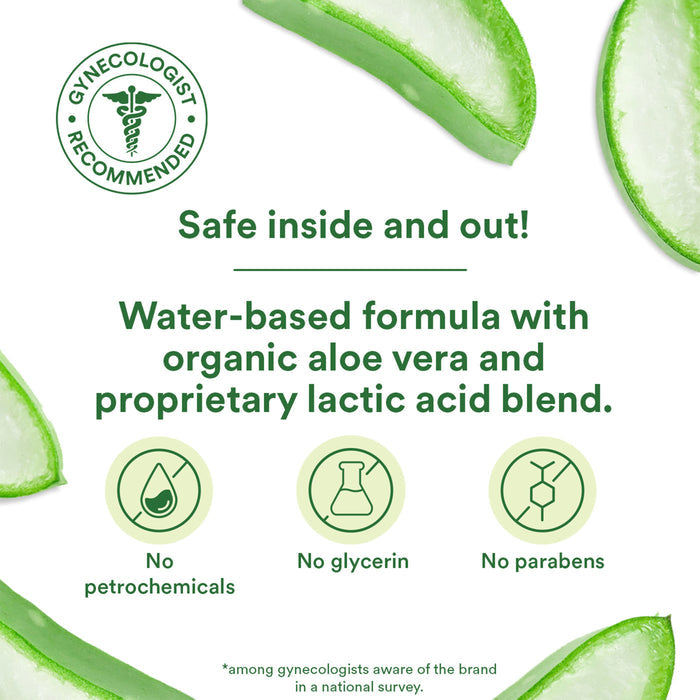 The image showcases aloe vera leaves and a round seal labeled "Gynecologist Recommended." It promotes a water-based formula with organic aloe vera and a proprietary lactic acid blend for natural lubrication. Icons confirm it contains "No petrochemicals," "No glycerin," and "No parabens.