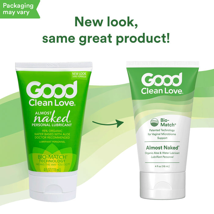 The image showcases two tubes of Good Clean Love personal lubricant. The left tube, labeled "Almost Naked," features a green and yellow design, while the right has a simpler look with white and green text. Perfect for natural lubrication, both are water-based with a fresh new look but the same great product!.