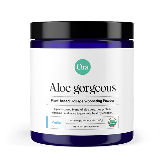 A blue jar of Ora Organic Aloe Gorgeous: Vegan Collagen-Boosting Powder in vanilla flavor, featuring aloe vera and pea protein. The USDA organic, plant-based formula is designed for dietary supplementation.