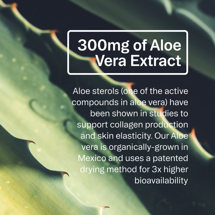 Close-up of aloe vera leaves with text about Aloe Gorgeous: Vegan Collagen-Boosting Powder by Ora Organic—contains 300mg aloe vera extract to support skin elasticity and organic collagen, with plant-based, vegan-friendly formula sourced from Mexico.