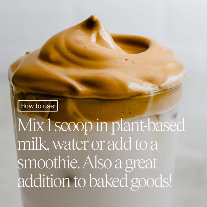 A glass filled with creamy whipped coffee atop milk. Text: “Mix 1 scoop of Ora Organic Aloe Gorgeous: Vegan Collagen-Boosting Powder in plant-based milk, water, or a smoothie. Also perfect for baked goods!”.
