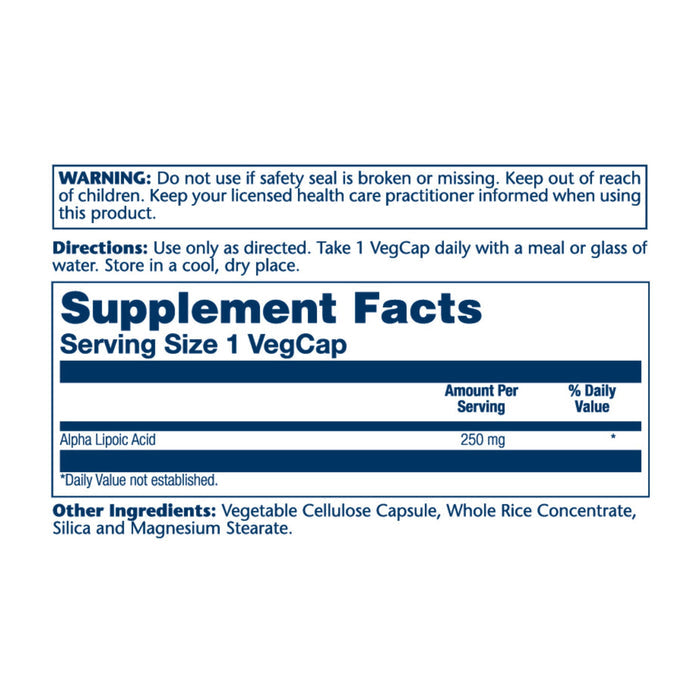 The Solaray Alpha Lipoic Acid, 250 mg supplement label features blue text highlighting warnings, usage directions, and facts for a single VegCap serving. Known as a powerful antioxidant for healthy aging, it contains vegetable cellulose and rice concentrate.