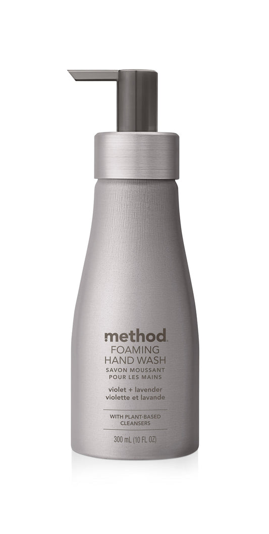 Methods Aluminum Foaming Hand Soap, with a violet and lavender scent, features plant-based cleansers. The sensitive skin-friendly silver bottle holds 300 ml (10 fl oz) of aromatic bliss and includes a pump dispenser and product details.