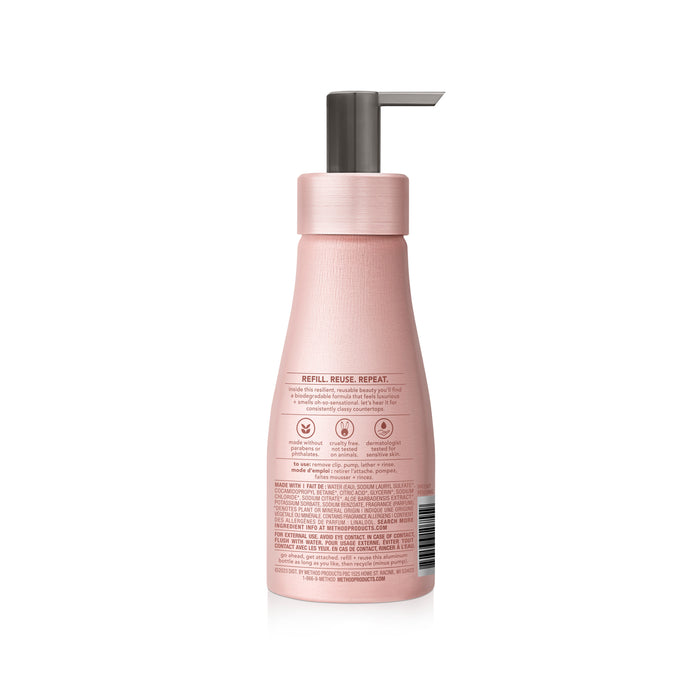 The method Aluminum Foaming Hand Soap comes in a pink plastic pump bottle with a silver dispenser. Designed for sensitive skin, it features refillable and reusable text, other instructions, and a barcode on the back label.