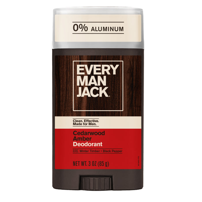 A 3 oz (85g) stick of Every Man Jack Aluminum-Free Deodorant for Men, featuring a wood-patterned label with red accents. Highlighting a winter timber and black pepper scent, this cruelty-free deodorant contains 0% aluminum.